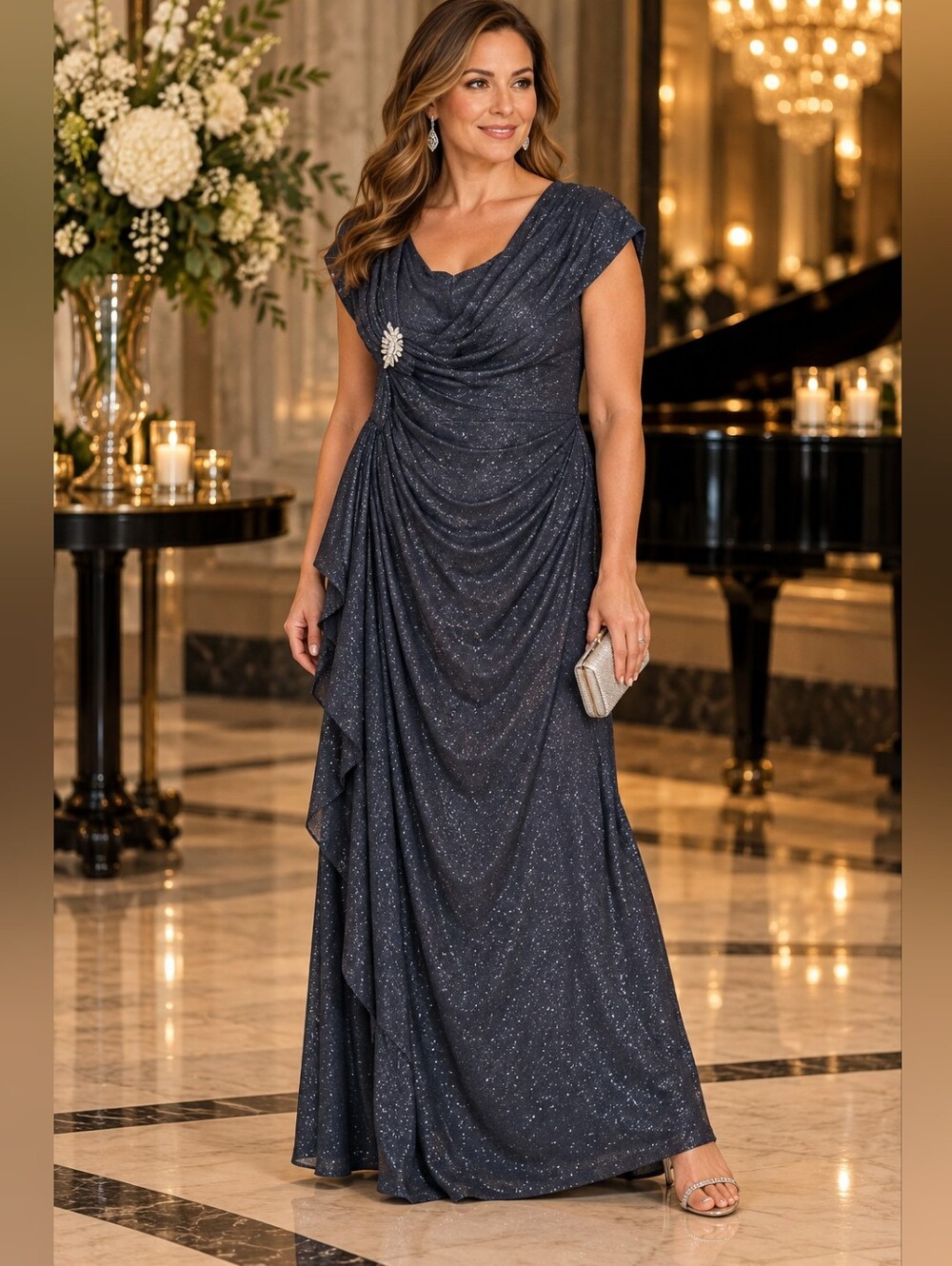 Alex Evenings Grey Metallic Glitter Gown - Size 14
